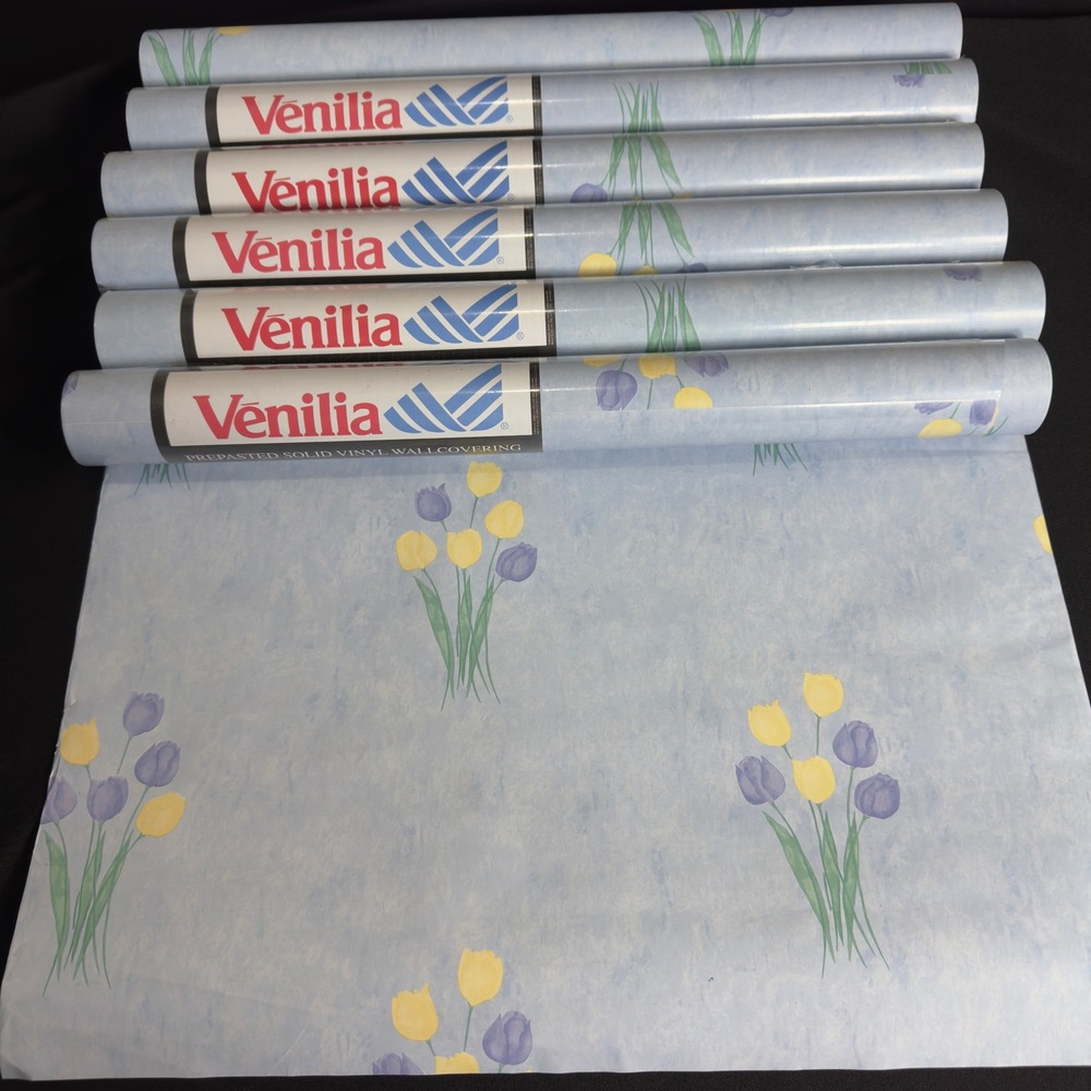 VTG NOS Venilia  Blue Tulip Cottagecore Vinyl Wallpaper Prepasted 6 Rolls